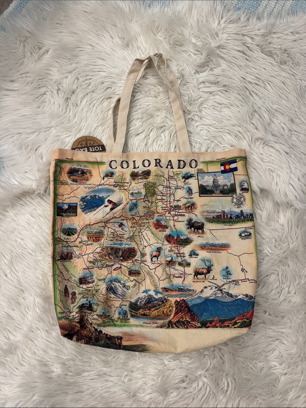 Colorado Illustrated Map Tote Bag - Beige Canvas